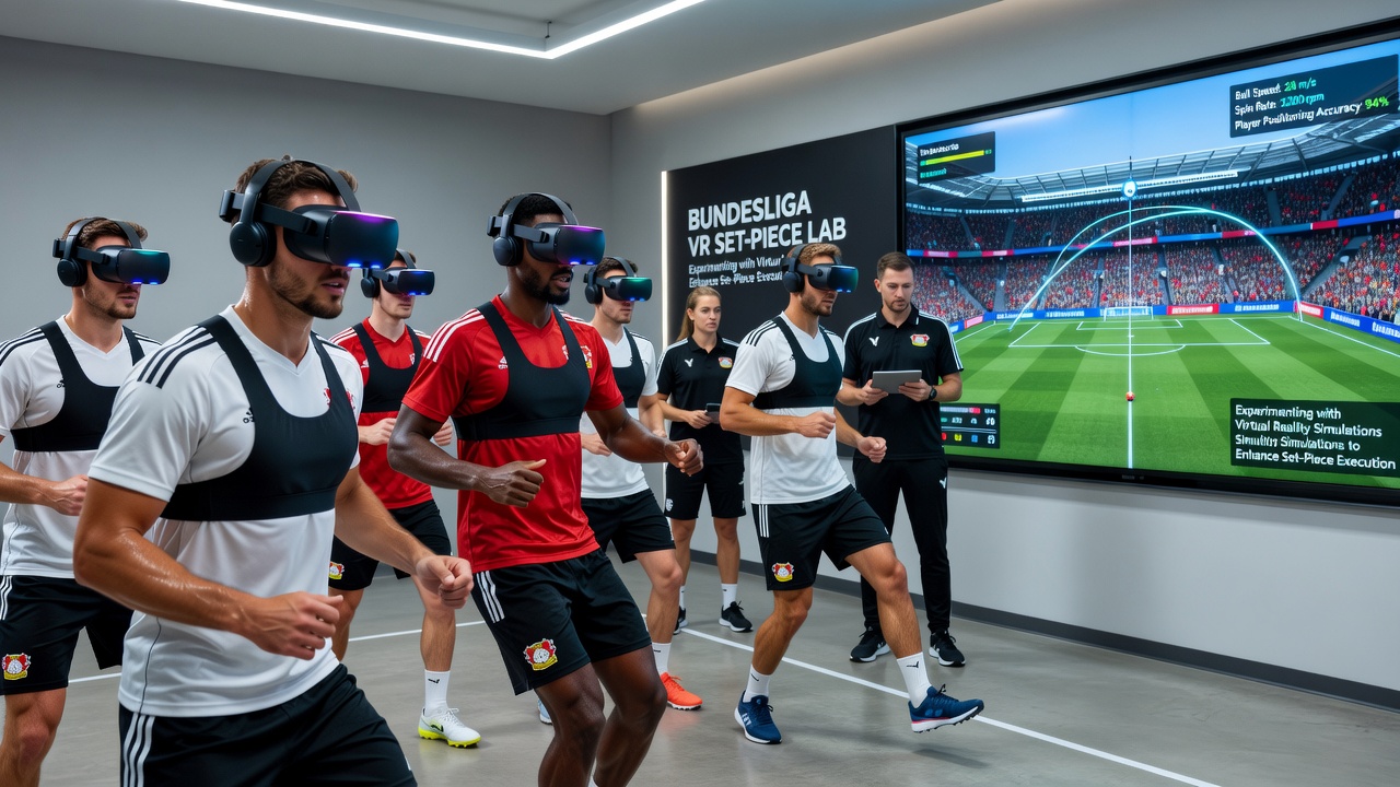 Spieler in einer Bundesliga-Trainingshalle mit VR-Ausrüstung bei der Simulation von Freistößen