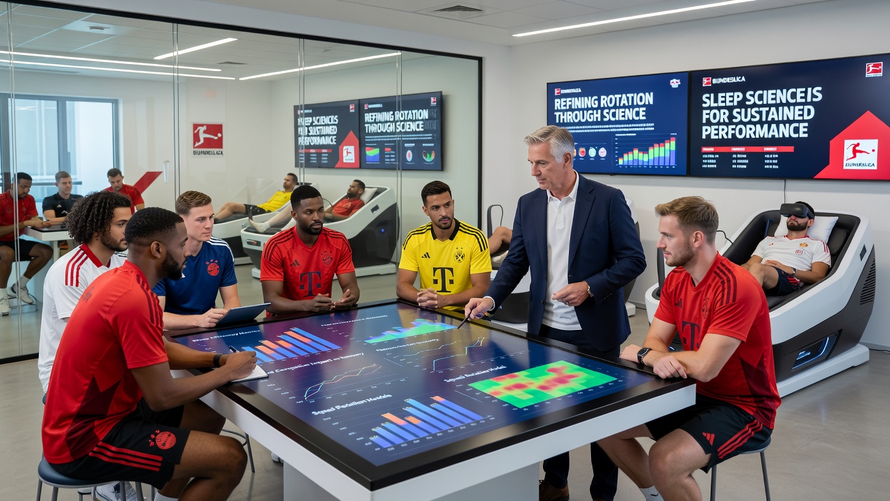Bundesliga-Spieler während einer Schlafanalyse-Sitzung mit Wearables und Trainern