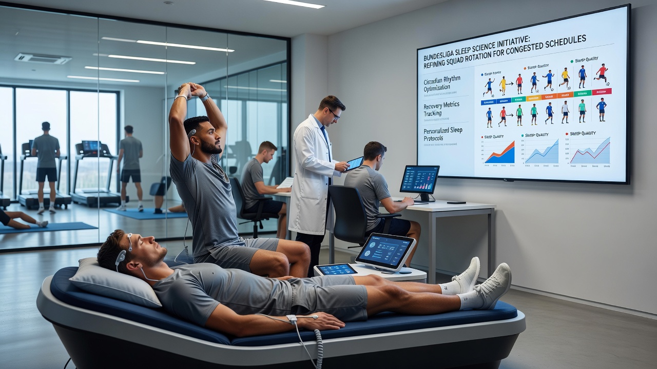 Trainer und Schlafwissenschaftler analysieren Daten von Spielern auf Tablets im Vereinszentrum