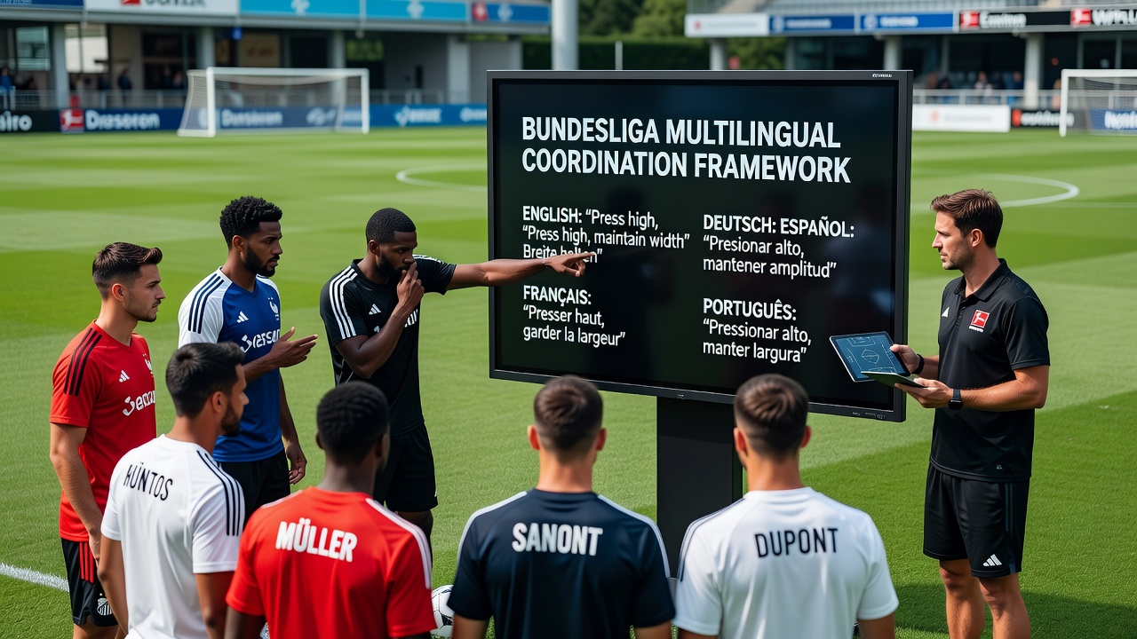 Spieler verschiedener Nationalitäten bei einem Kommunikationstraining auf dem Bundesliga-Platz