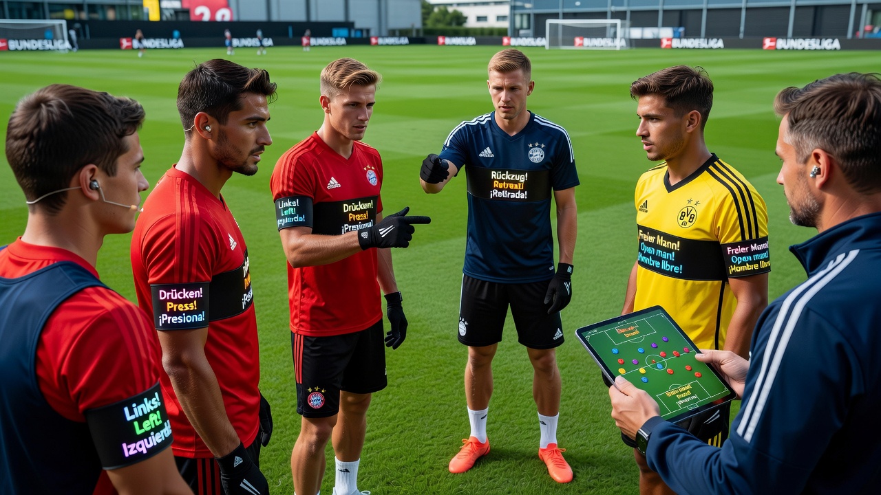 Trainer erklärt multilinguales Kommunikationssystem während einer Besprechung mit internationalen Spielern