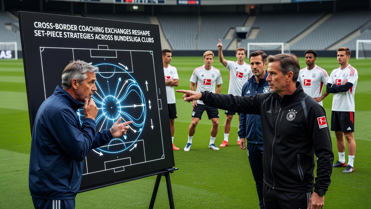 Trainer aus verschiedenen Ländern diskutieren über Eckball- und Freistoßstrategien während eines Austauschprogramms