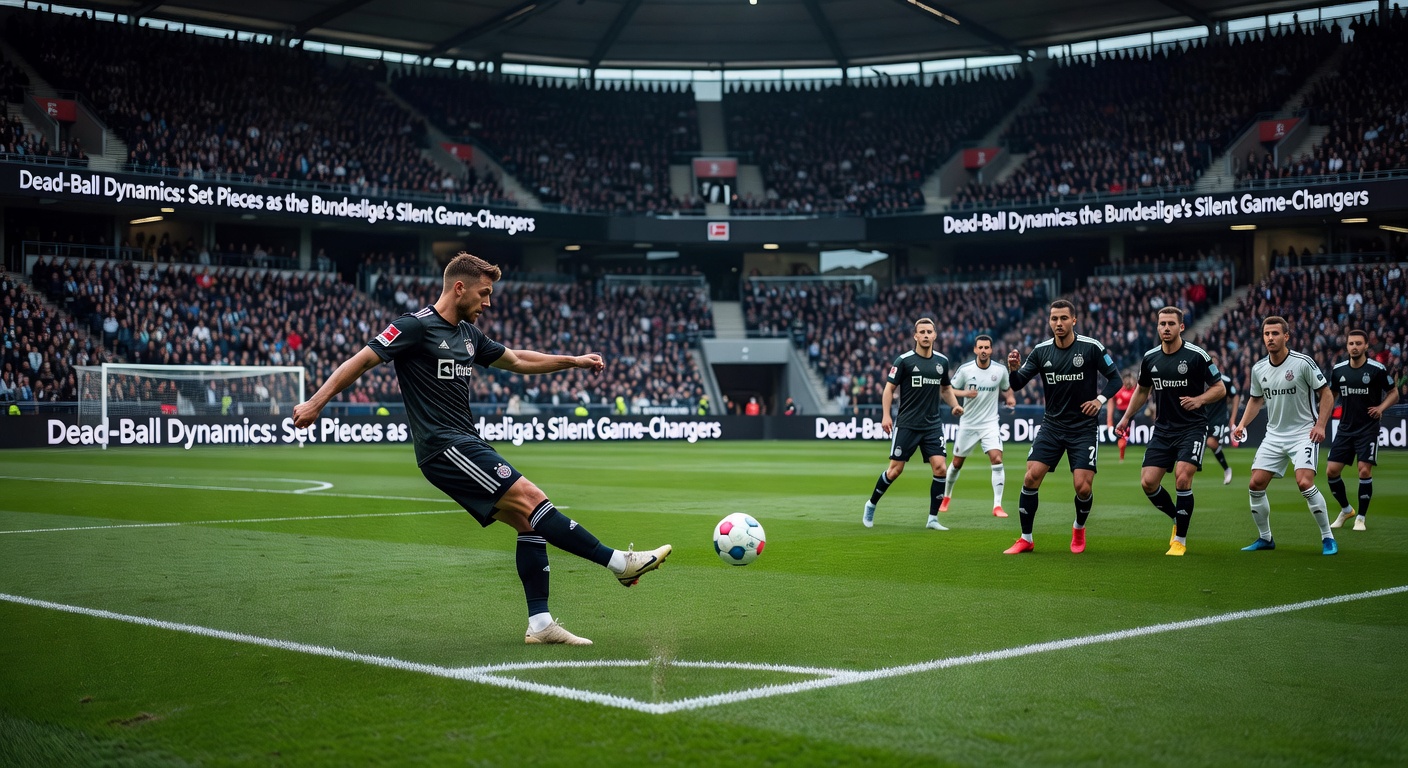 Ein Standardsituation in der Bundesliga: Spieler positionieren sich für einen Freistoß, während die Mauer aufgebaut wird und der Torwart konzentriert zuschaut