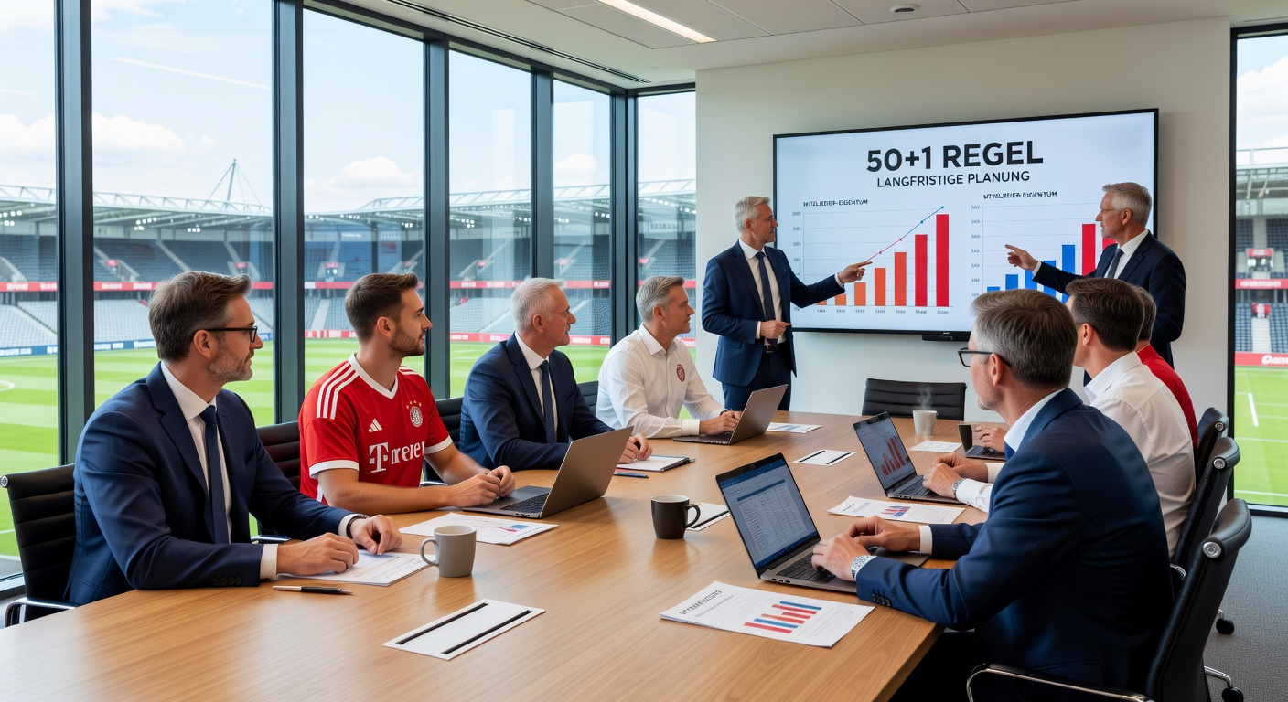 Mitgliederversammlung in einem Bundesliga-Stadion mit Fokus auf Abstimmungen zur Vereinsstrategie