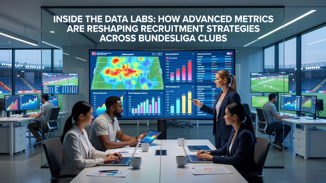 Blick in ein modernes Datenlabor eines Bundesliga-Vereins mit Bildschirmen voller Spielerstatistiken und Tracking-Daten