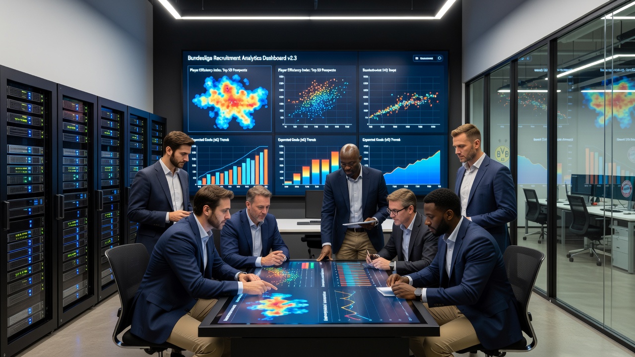 Analysten bei der Arbeit in einem Bundesliga-Datenlabor mit interaktiven Dashboards und 3D-Spieler-Modellen