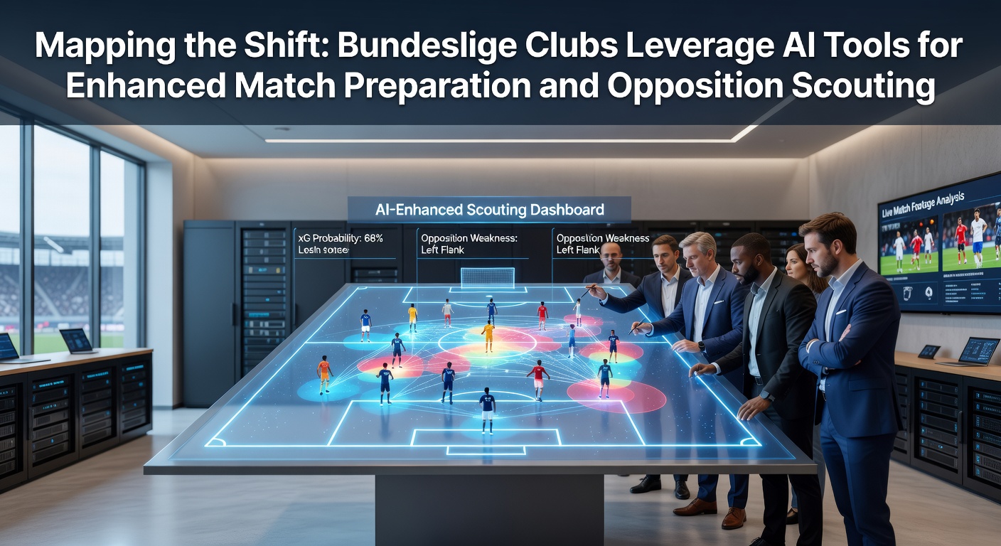 Bundesliga-Trainer analysiert KI-gestützte Taktikdaten auf einem großen Bildschirm während der Vorbereitung