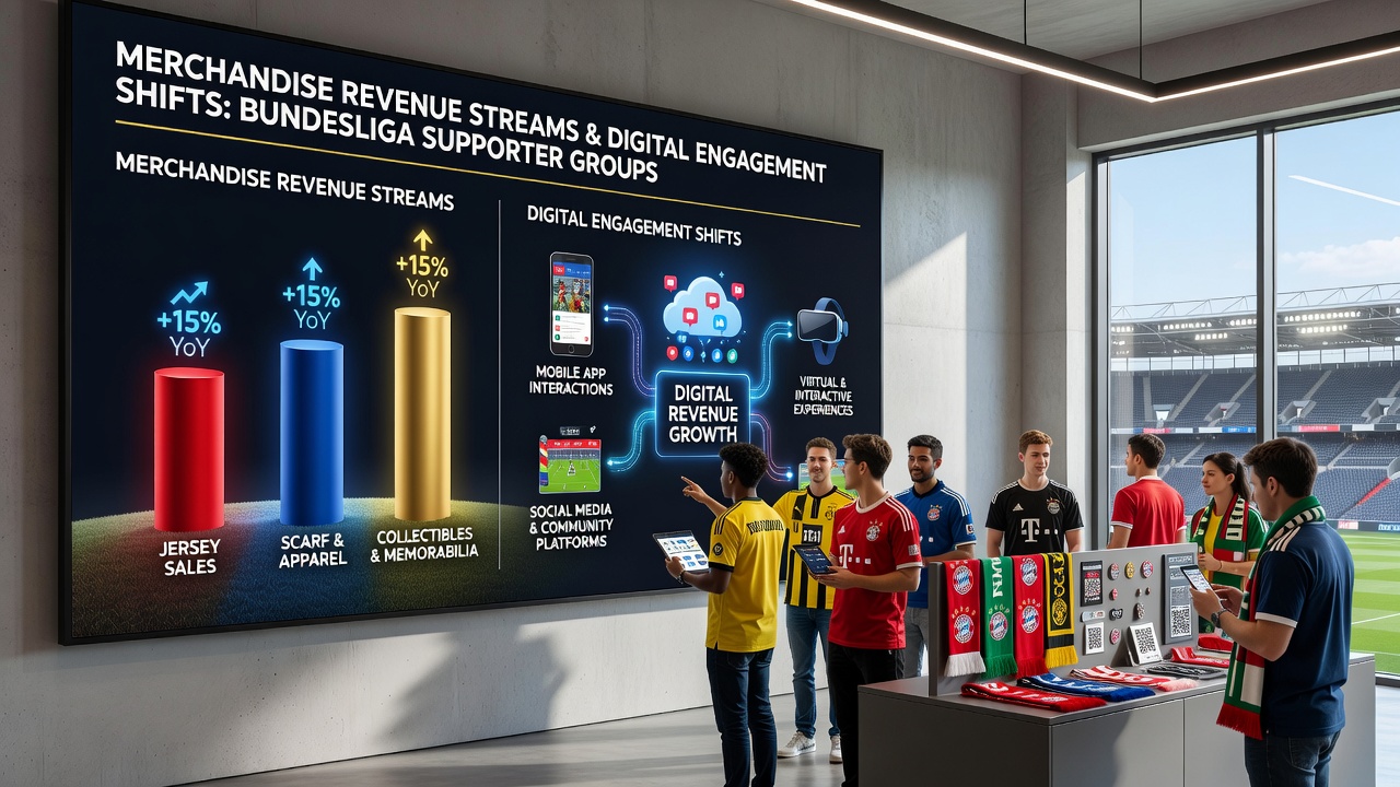 Digitale Fan-Engagement-Szene mit Smartphone-Nutzung und Online-Merchandise-Käufen bei Bundesliga-Supportern